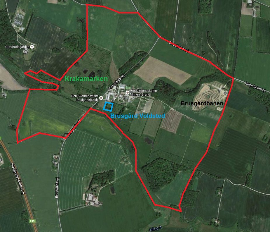 Kort over ruten ved Krakamarken og Brusgårds Jorder